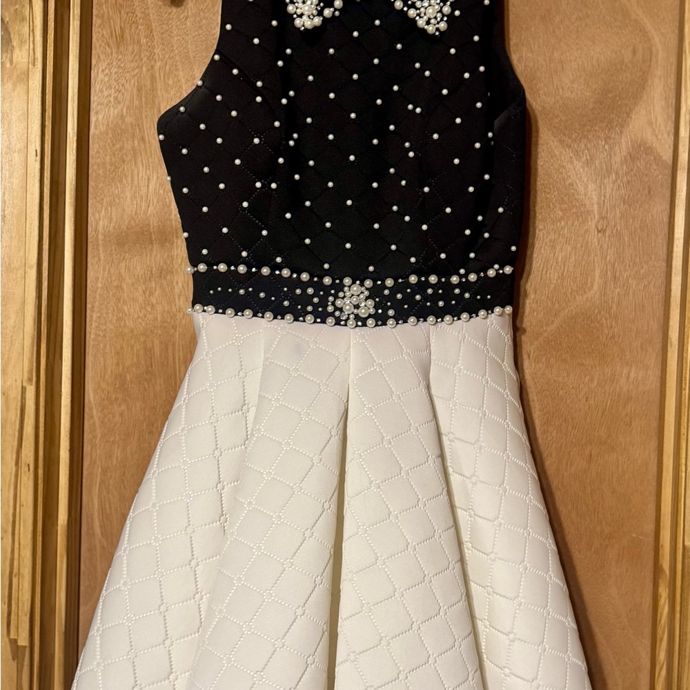 Mac Duggal Black and White Halter Fit and Flare Dress